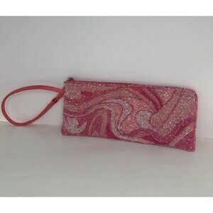 Liz Claiborne Wristlet Pink Small Handbag Pink Beaded Ribbon 8 x 3.5 Inch VTG